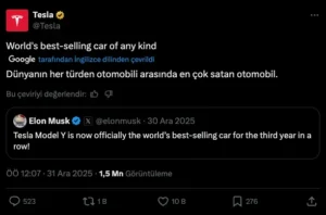 Elon Musk Açıkladı: Tesla Model Y, 2025’te Dünyanın En Çok Satan Otomobili Oldu